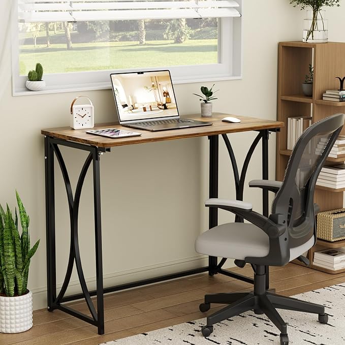 Folding Table 31.5 Small Desk for Bedroom Space Saving Foldable Computer Desk for Home Office Easy Assembly Brown Kaka