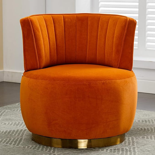 Small Barrel Chair Swivel Barrel Chair with Thicken Backrest Round Accent Chair for Living Room Bedroom Office Comfortable Velvet Fabric Soft High-Density Foam Padding (Orange)