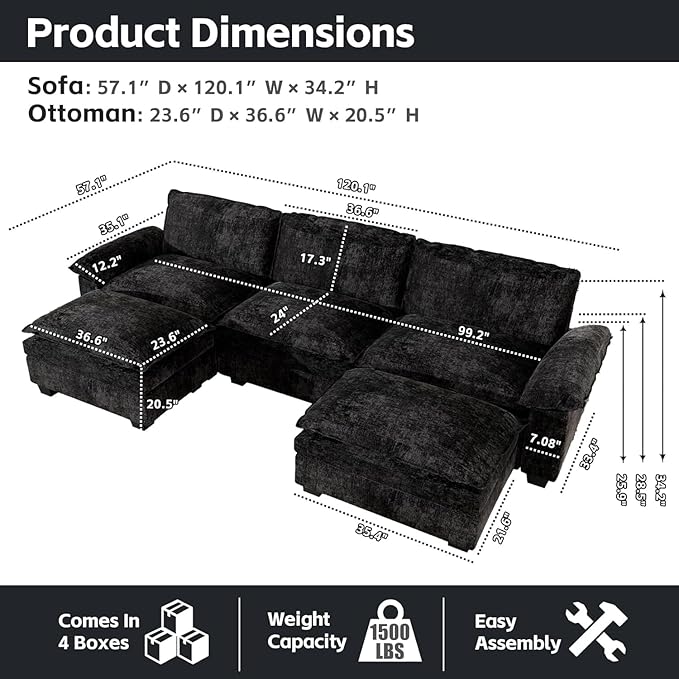mestyl Modular Sectional Sofa Comfy Cloud Couch U Shaped 3 Deep Seat Sofa Couch with 2 Ottoman 120 Soft Modern Couches Set for Living Room Chenille Black MT001