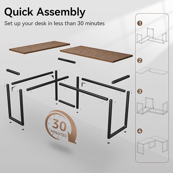 66 Inch L Shaped Computer Desk 1.2 Inch Extra-Thick Desktop Corner Office Desk with Robust Metal Tubes Gaming Writing Work Desk for Home Office Rustic Brown and Black