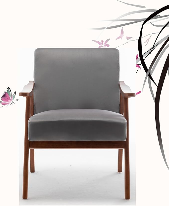 Accent Chair with Velvet Upholstery and Solid Wood e Classic Mid Century Living Room Furniture for Extra Seating Grey
