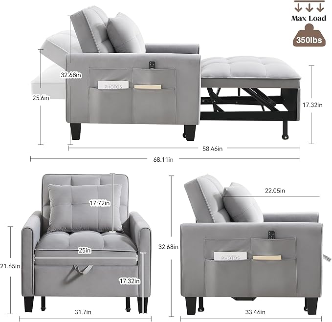 Convertible Sleeper Chair 3 in 1 Sleeper Chair Bed Pull Out Sofa Bed Chairs Velvet Single Sofa Beds with Adjustable Backrest for Adults Reading Living Room Bedroom Light Grey
