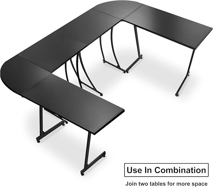 Modern L-Shaped Home Office Desk with Round Corner Computer Desk Gaming Writing PC Laptop Workstation with Solid Steel Frame Desktop (Black)