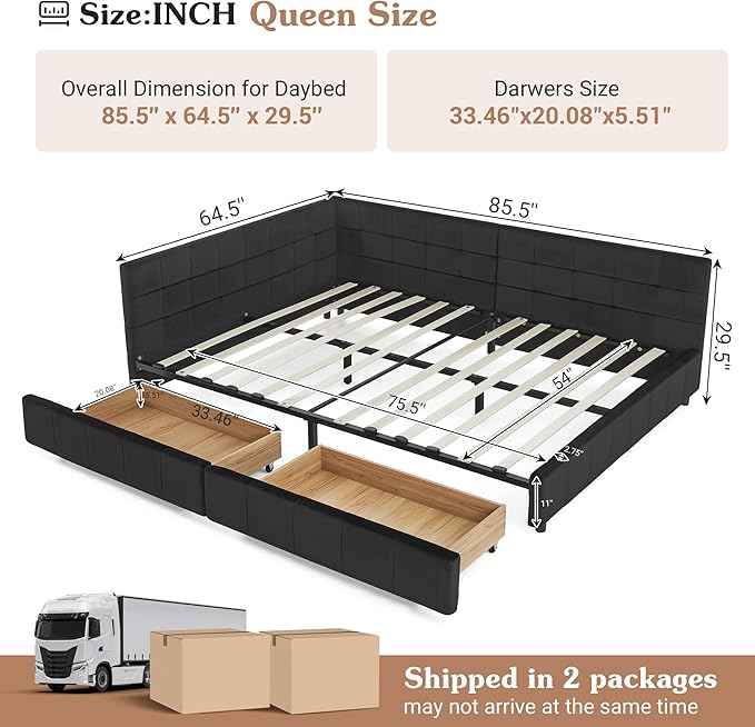 Queen Corner Bed Frame with Storage Drawers Modern Velvet Upholstered Sofa Day Bed Frame with Wood Slats for Living Room Bedroom Guest Room No Box Spring Needed Black