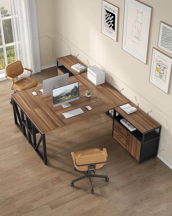 LITTLE TREE 63 L Shaped Executive Computer Desk and Drawer lateral File Cabinet Dark Brown