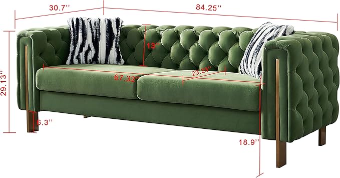 Chesterfield Modern Tufted Velvet Living Room Sofa with High Armrest and Metal Legs Decor 84.25''W 3 Seater Couch Couches Furniture for Bedroom Office (Mint Green)