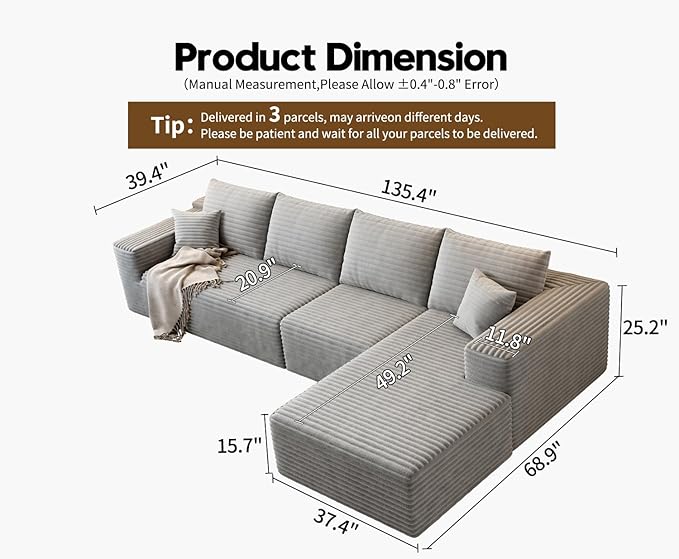 135.4 Cloud Modular Sectional Sofa Couch with L-Shape ChaiseModern Minimalist Upholstered Couches for Living Room BedroomDeep Seat Corner CouchNo Assembly Required (GreyRight Facing Chaise)