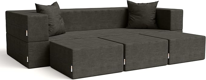 Jaxx Zipline Convertible Sleeper Sofa &amp Three Ottomans/California King-Size Bed Textured Microvelvet - Charcoal