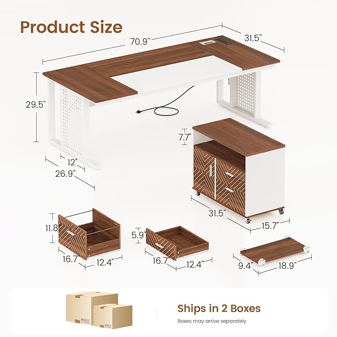 SEDETA 71 Executive Desk with Rolling File Cabinet Large Office Desk with Drawers L Shaped Computer Desk with Power Outlets CPU Stand Pegboard and Storage Shelves White