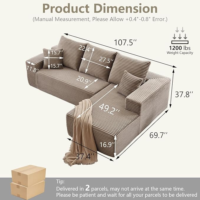 107 Cloud Sectional Couch with L-Shape Chaise Modern Modular Comfy Sofa Chaise Longue Upholstered Corduroy Couches Sleeper with Deep Seat for Living Room Bedroom No Assembly Required Camel