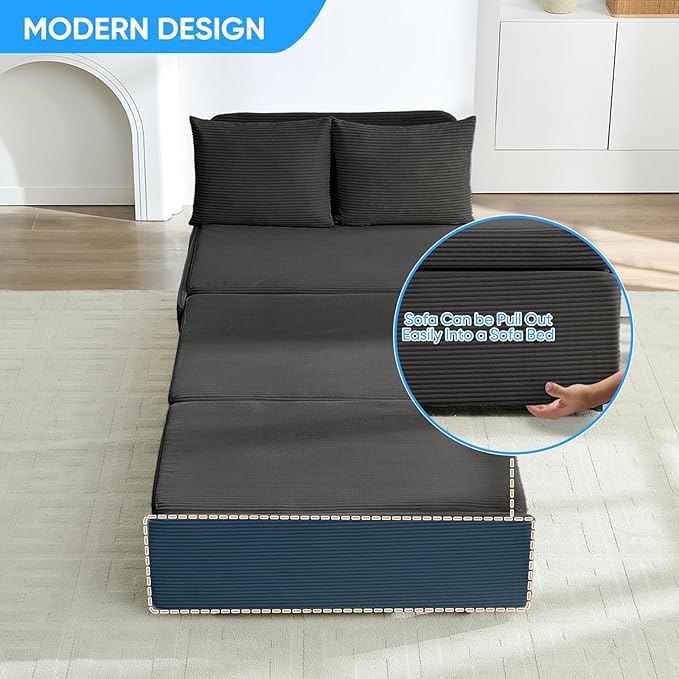 PUREMIND 3-in-1 Twin Size Pull Out Sofa Bed Convertible Corduroy Couch with Pillows and 3.9 Memory Foam Mattress Loveseat Sofa-Bed for Living Room Apartment (Dark Grey)