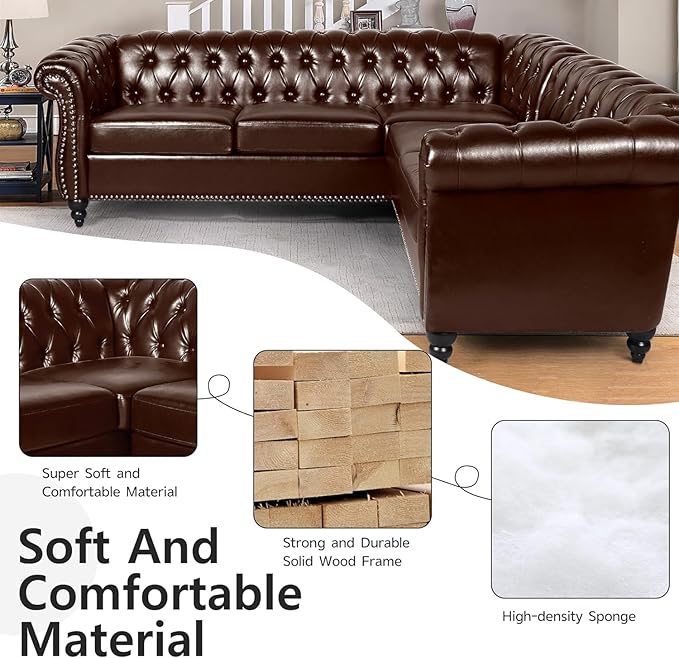 QHITTY Sectional L-Shaped Sofa Chesterfield Faux Leather Couch 5 Seater Upholstered Small Accent Tufted Sofa with Nailhead Design and Rolled Armrest for Living Room Apartment Office (Dark Brown)