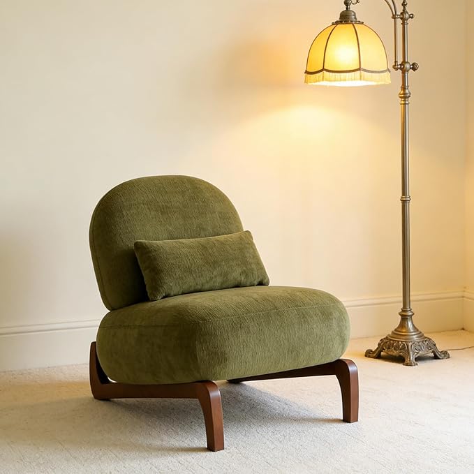Modern Comfy Upholstered Cloud Armless Accent Chair Cozy Fabric Lounge Chairs with Wood Legs &amp Pillow Comfortable Sofa Reading Chair for Living Room Bedroom Apartment Balcony Green