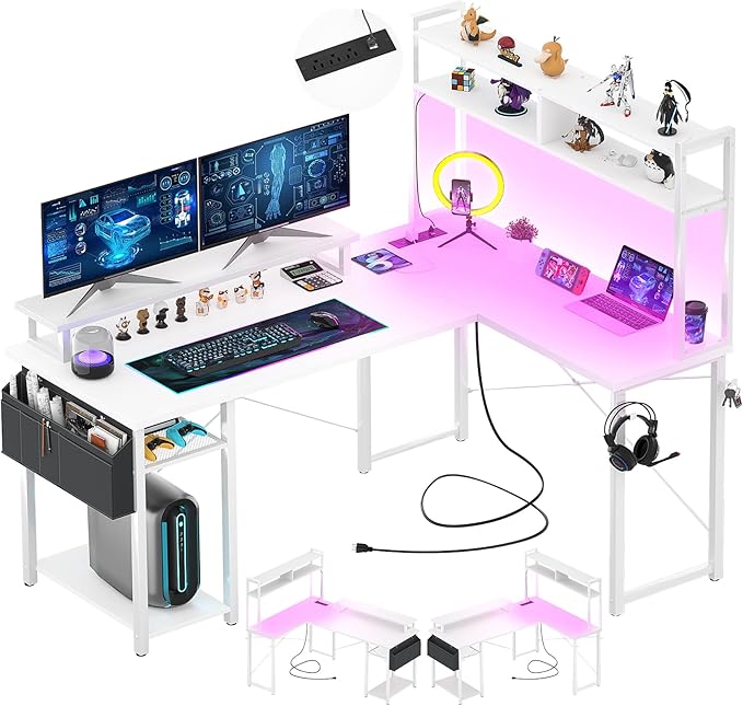 Aheaplus Small L Shaped Desk with Charging Port &amp LED Strip Reversible L-Shaped Gaming Desk Computer Desk with Monitor Stand &amp Storage Shelf Corner Desks Home Office Desk with Storage Bag W