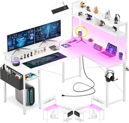 Aheaplus Small L Shaped Desk with Charging Port &amp LED Strip Reversible L-Shaped Gaming Desk Computer Desk with Monitor Stand &amp Storage Shelf Corner Desks Home Office Desk with Storage Bag W
