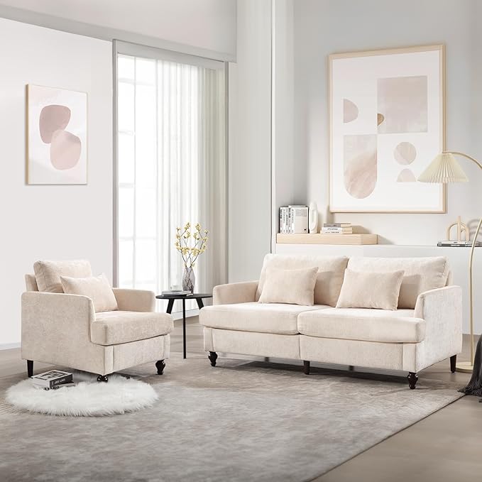 KINFFICT Modern Accent Chair for Living Room Upholstered Single Sofa Chair with Lumbar Pillow Comfy Armchair with Thickened Cushion Living Room Chairs for Bedroom Office Beige Chenille