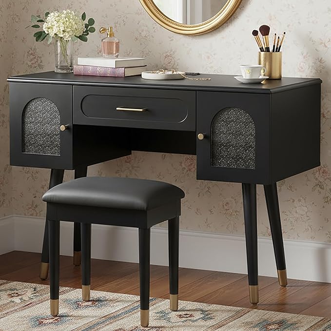 Merax Modern Home Office Desk with Stool Black Elegant Frosted Glass Doors Writing Desk with 1 Compartment Storage Drawer &amp 2 Cabinets &amp Charging Port