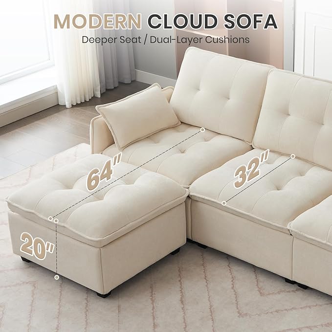 98 L Shaped Couch Modular Sectional Sofa Comfy Cloud Couch with Movable Ottoman 3 Seater Chenille Sleeper Deep Seat Sofa with Throw Pillows for Living Room Office (Beige 3-seat)