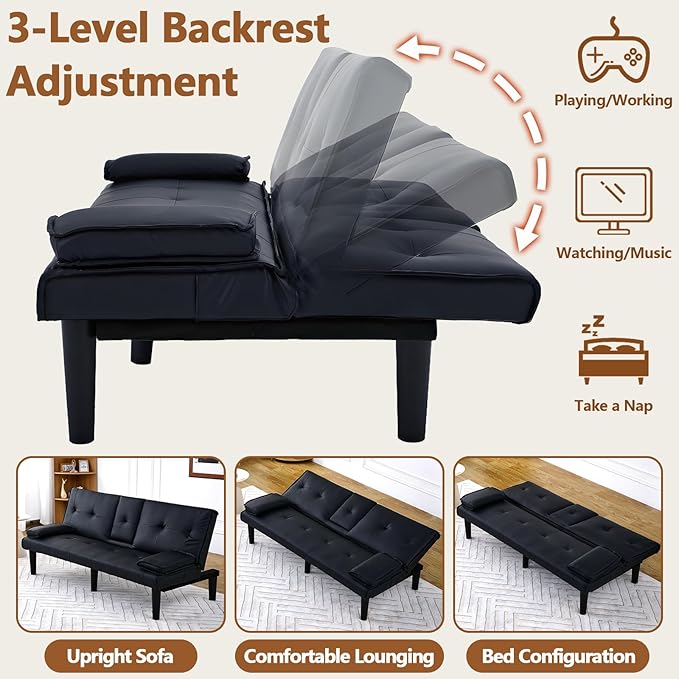 67” Futon Sofa Bed with Pillows Modern Convertible Futon Couch with 2 Cup Holders &amp Removable Armrests for Small Spaces Living Room Solid Wood Frame (Black-PU Leather)