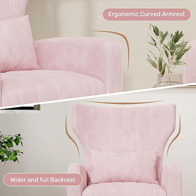 Velvet Accent Chair Set of 2Wingback for Living Room High Back Arm Chair with Golden Legs Lumbar Pillow Upholstered Single Sofa Bedroom Pink