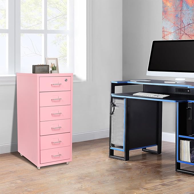 Office File Cabinet w/4 Wheels 6 Drawer Metal Small Vertical File Cabinets w/2 Lock Smooth Edges Mobile Storage Cabinet File Organizer for Home Office Living Room 11 * 16 * 27in (Pink)
