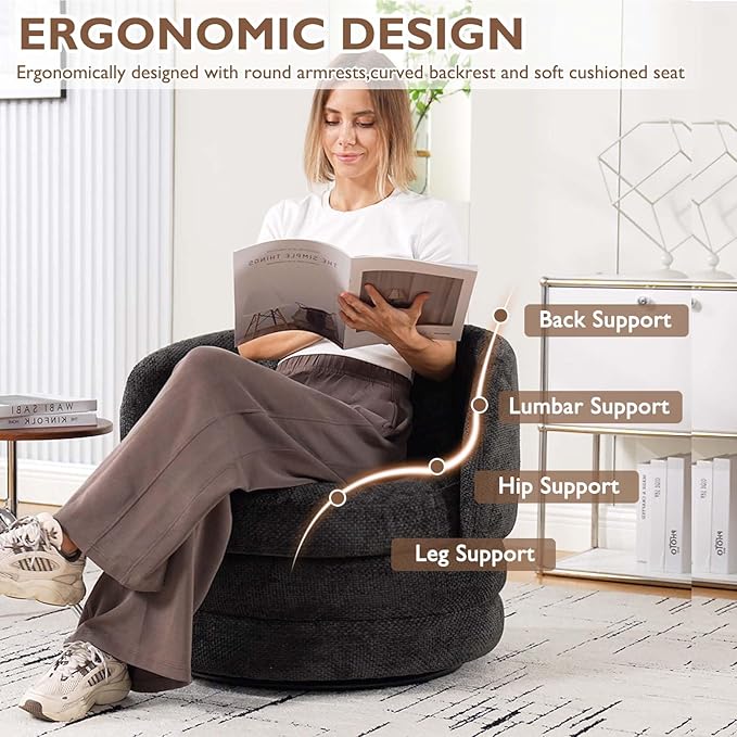 Swivel Accent Chairs 360° Round Swivel Barrel Chair with Pillow for Reading Room Bedroom Dark Grey Chenille Armchair Single Club Chair for Living Room (Dark Grey)