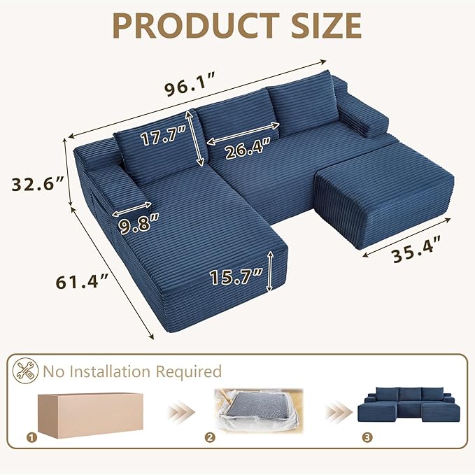 96 Cloud Sectional Couch with U-Shaped Chaise Corduroy Sectional Sofa with Ottoman Deep Seat Boneless Couch with Side Pocket for Living Room No Assembly Required (Blue Left Facing Chaise)