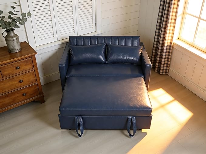 55'' Leather Sofa Bed Pull Out Sleeper Sofa Couch Bed Loveseat Sleeper Futon Sofa Couch with Side Pocket Convertible Sofa Bed for Living Room Apartment Bedroom RV Blue