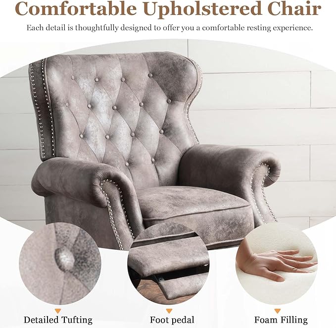 Mid Century Wingback Recliner Fabric Push Back Recliner Chair Single Rolled Armchair Sofa with Rivet Decoration Accent Chairs with Stable Hump Feet for Living Room (Brown Gray)
