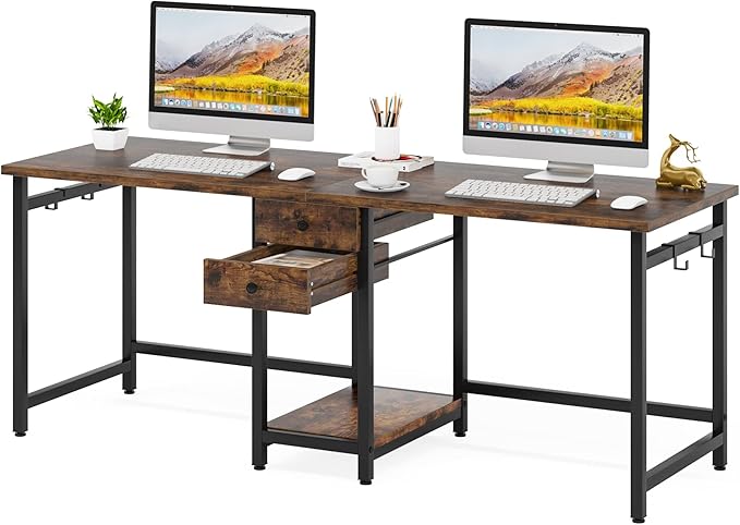 Tribesigns Two Person Desk 79 Inch Double Desk with 2 Drawers Large Computer Desk Long Desks with Storage Shelves Writing Table Study Desk for Home Office Rustic Brown (NY001)