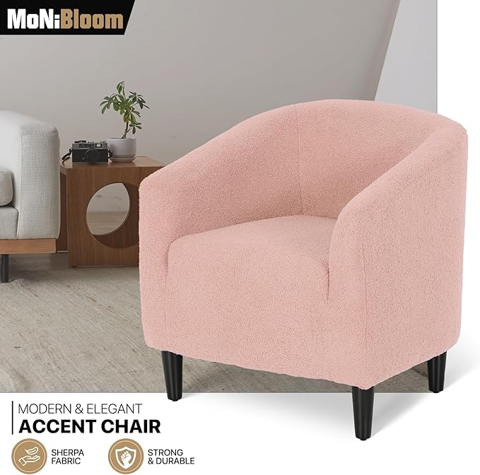 MoNiBloom Accent Barrel Chair Boucle Fabric Accent Chair Modern Sherpa Elegant Armchair with Cozy Soft Padded 300lbs Capacity Compact Sofa Chair for Living Room Bedroom Office Soft Pink