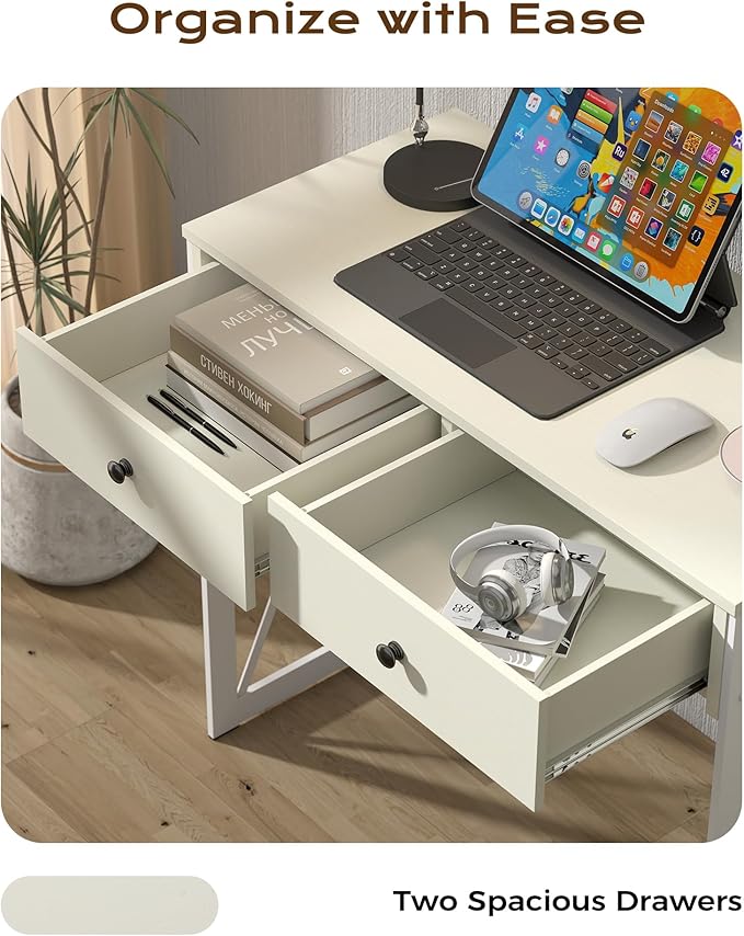Manora Compact Computer Desk with Power Outlets 2 Drawers and Metal Frame 31.5 Small Desk for Home Office Study or Makeup Area White
