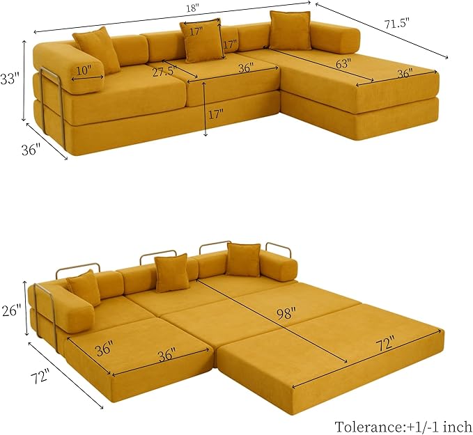 Convertible Folding Sofa Bed Modern Futon L Shaped Sleeper Sofa Fold Out Couch Bed with Gold Fixed Frame Modular Floor Sofas Comfy Corduroy Boneless Couches for Living Room (108 Yellow)
