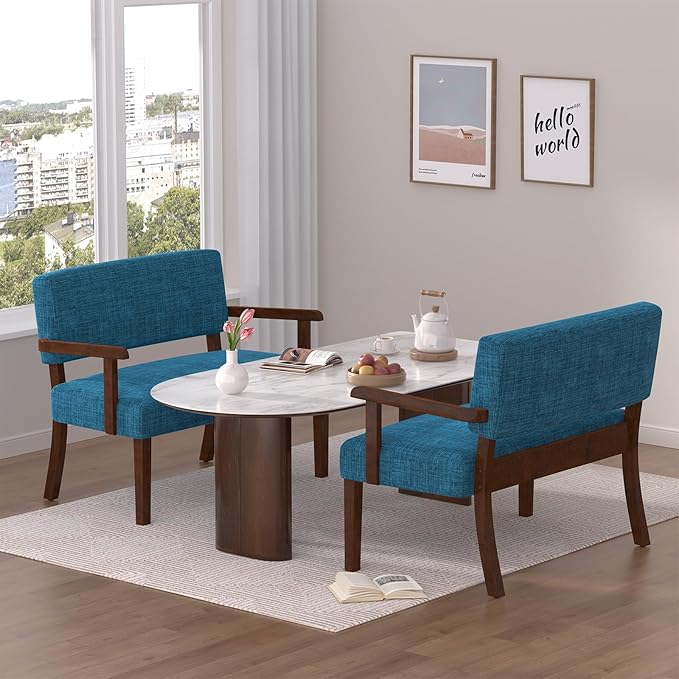 Accent Chair 2 Seat Upholstered Reading Leisure Chair Bench with Solid Wood Frame for Dining ReadingWaiting Rooms (Blue)
