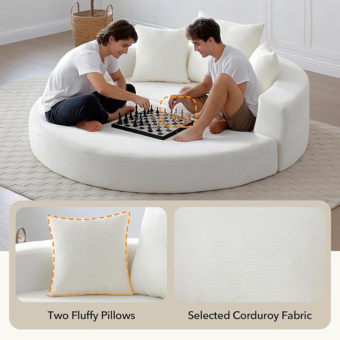 Round Boneless Couch Corduroy Upholstered Folding Convertible Sofa Bed with Pillows 2-in-1 Futon Sofa Bed with Half-Circle Design Comfy Loveseat for Living Room Apartment (Beige)