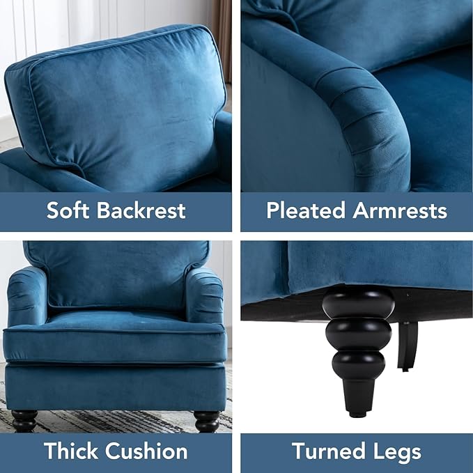 chairus Mid Century Modern Velvet Accent Chair Vintage Club Armchair with Firm Supportive Seat &amp Soft Backrest Comfy Single Sofa Reading Chair for Living Room Bedroom Blue