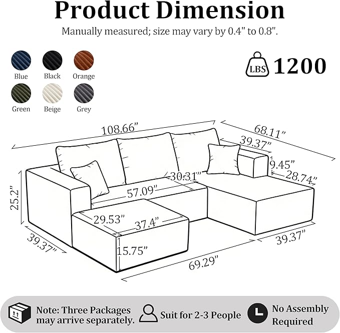 108'' U-Shaped Cloud Modular Sectional Sofa Modern High Back Corduroy Couch with Right Facing Chaise Lounge &amp Ottoman Upholstered Boneless Deep Seat Plush Sofa No Assembly Needed for Home Bei