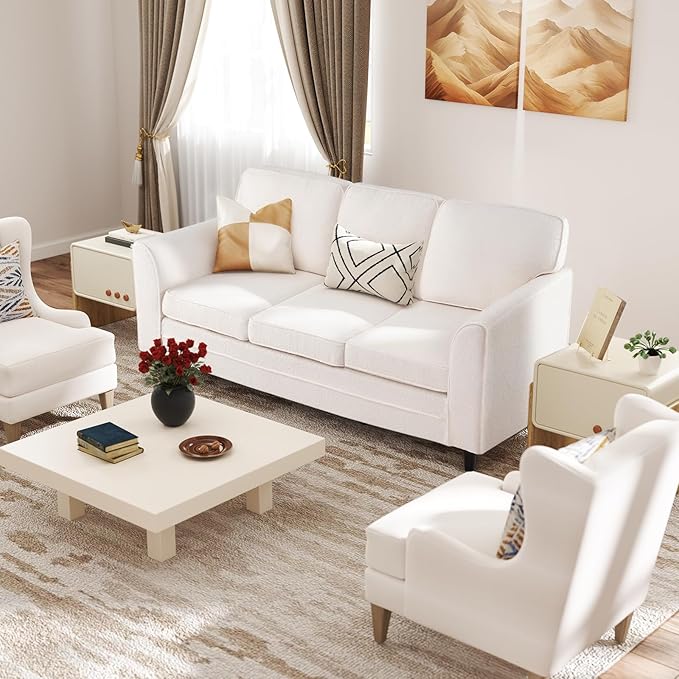 Giantex 3 Seater Couch - 79” Mid Century Modern Upholstered Sofa with Armrests Sturdy Legs Teddy Fleece Comfy Couches for Living Room Bedroom Small Space Apartment and Office (White)
