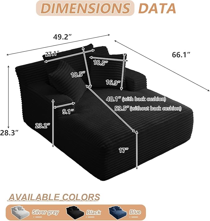49.2 Oversized Chaise Lounge Chair IndoorCorduroy Boneless Reading Chair with 3 PillowsDeep Seat Cloud Sofa BedComfy Modern Sleeper Chairs in Box for Living Room BedroomNo Assembly(Black)