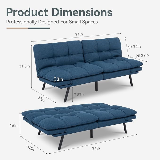 Futon Sofa Bed Convertible Couch Blue Linen Sofa Bed with Memory Foam Adjustable Backrest &amp Armrests Multifunctional Small Loveseat Sleeper Sofa for Living Room Apartment Office