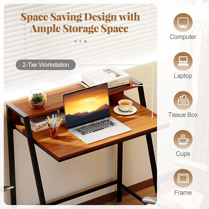 Giantex Small Computer Desk 31.5 Compact Home Office Desk with Monitor Stand &amp Sturdy Frame 2-Tier Space-Saving Study Writing Desk for Small Spaces Apartment and Bedroom (Walnut)