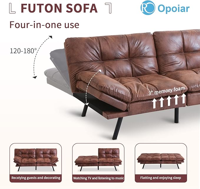 Opoiar Leather Futon Sofa BedConvertible Memory Foam Couch BedFuton Sets Daybed with Mattress IncludedFolding Modern Sleeper Sofa Love seat for RV Car Living Room&ampBedroom Small SpaceBrown