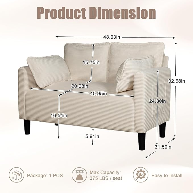 Corduroy Oversized Armchair 48 Extra Wide Accent Chairs W/Double Solid Wood Frame for Living Room Modern Lounge Chair Upholstered Cloud Single Sofa with Pillows