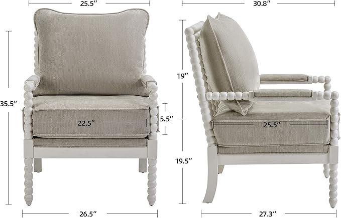 DUHOME Linen Fabric Spindle Accent Chair with Wood FrameSpool Chairs with High Resilience Spring Cushion and Armrest Pads Leisure Armchair for Living Room Bedroom Farmhouse Home Office Belcony