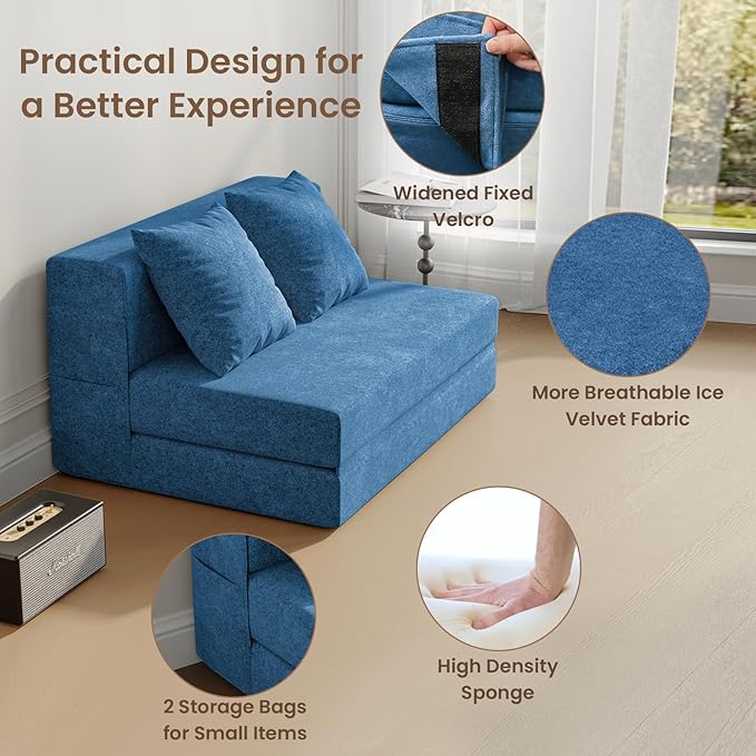 5-in-1 Convertible Folding Sofa Bed - Sleeper Chair with Pillows Fold Out Chair Bed Futon Couch Foldable Floor Mattress for Living Room/Dorm/Guest Use/Home Office/Apartment Twin Navy Blue
