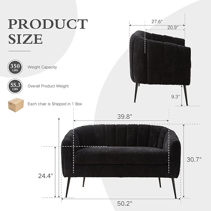 Chifee &amp Vingol Black Loveseat Sofa 50.2'' Wide Upholstered Loveseat Accent Couch with Metal Legs Modern 2-Seater Sofa for Living Rooms Bedroom Apartment OfficeBlack