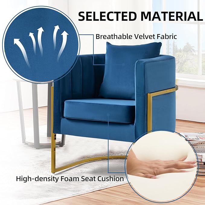 X-VOLSPORT Velvet Accent Chair Modern Barrel Arm Chair for Living Room/Bedroom/Guest Reception Upholstered Club Armchair with Pillow &amp Gold Base Navy Blue