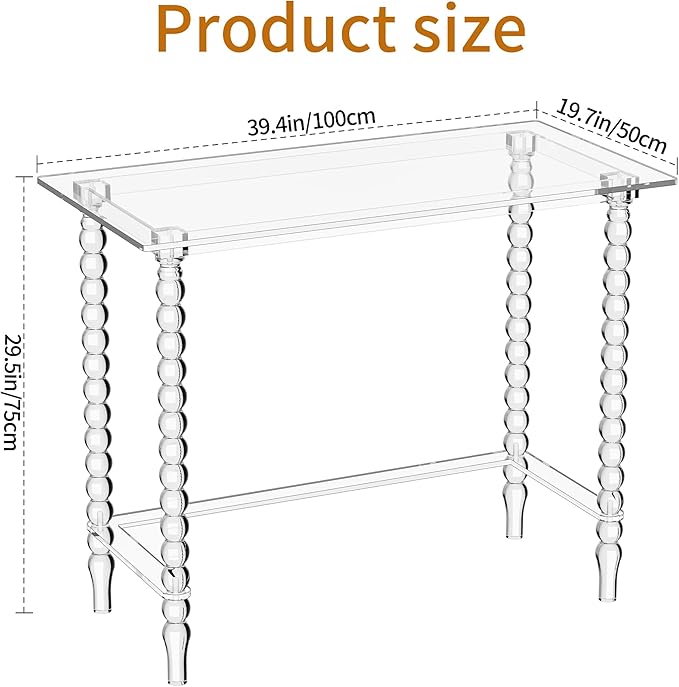 Acrylic Desk Computer Laptop Table Writing Desk Console Entrance Table for Home Office Study Desk (Clear 39.4“W×19.7”D×29.5“H)