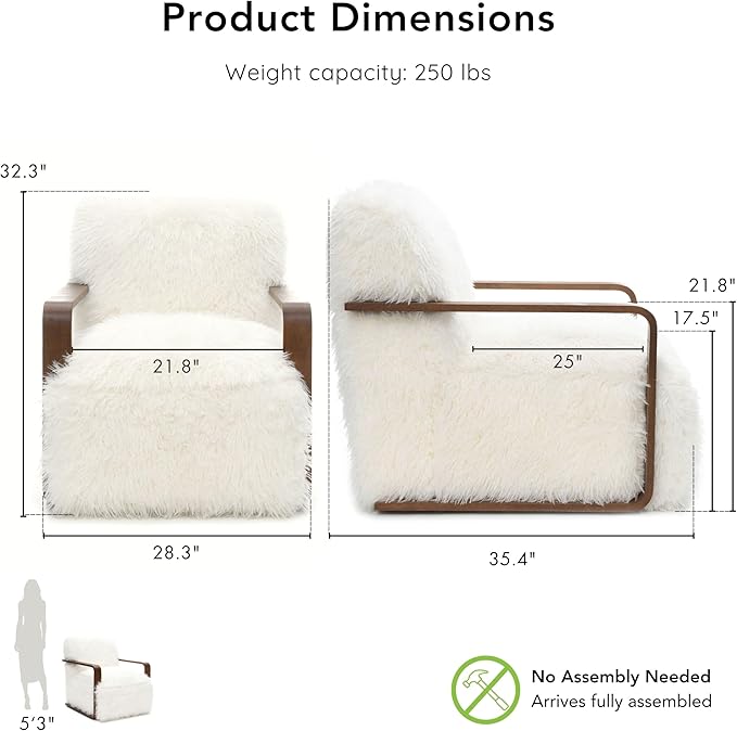 Furniture of America Ramos Modern Lounge Chair with Ultra Soft Faux Fur Long-Haired Accent Sofa Tight Seat and Back Single Couch Fluffy Living Room Seating No Assembly Needed White