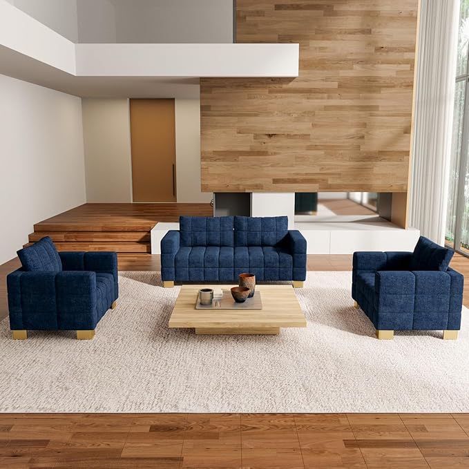 81.89 Sofa Comfy 3 Seat Sofa Tufted Chenille Upholstered Sofa Couch for Living Room with Gold Metal Legs and 2 Throw Pillows (Blue+1.5S+1.5S)